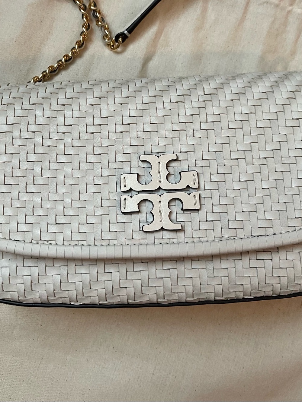 Tory Burch Cream Woven Leather Crossbody with Gold Logo Chain